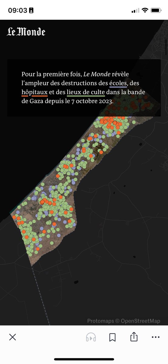 Gros boulot de la cellule d’enquête video du Monde qui a cartographié les écoles, hôpitaux et lieux de culte détruits à Gaza depuis le 7 octobre