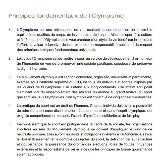 Charte des Jeux olympiques... (stillmed.olympic.org/media/Document…)
On peut constater que les pratiques discriminatoires à l'encontre des athlètes russes et biélorusses à l'occasion des #JO2024  vont à l'encontre des principes des JO édités par Pierre de Coubertin. Je conseille à nombre de