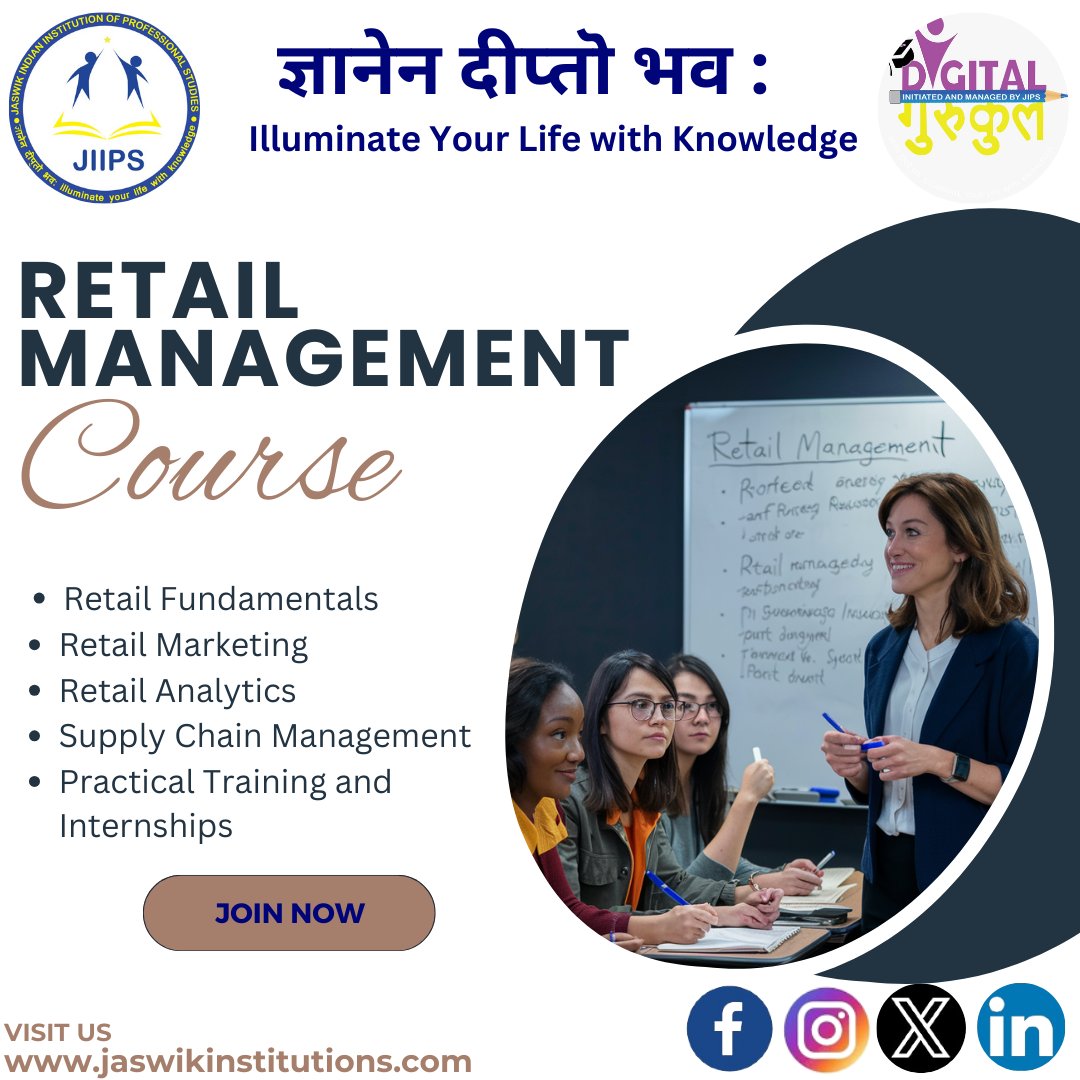 'Unlocking Retail Excellence: Navigating the Future of Retail Management'
#jaswikindianinstitutionofprofessionalstudies
#DigitalGurukul
#RetailManagement
#RetailExcellence
#RetailLeadership
#FutureOfRetail
#RetailInnovation
#RetailMarketing
#RetailSkills
#RetailOperations