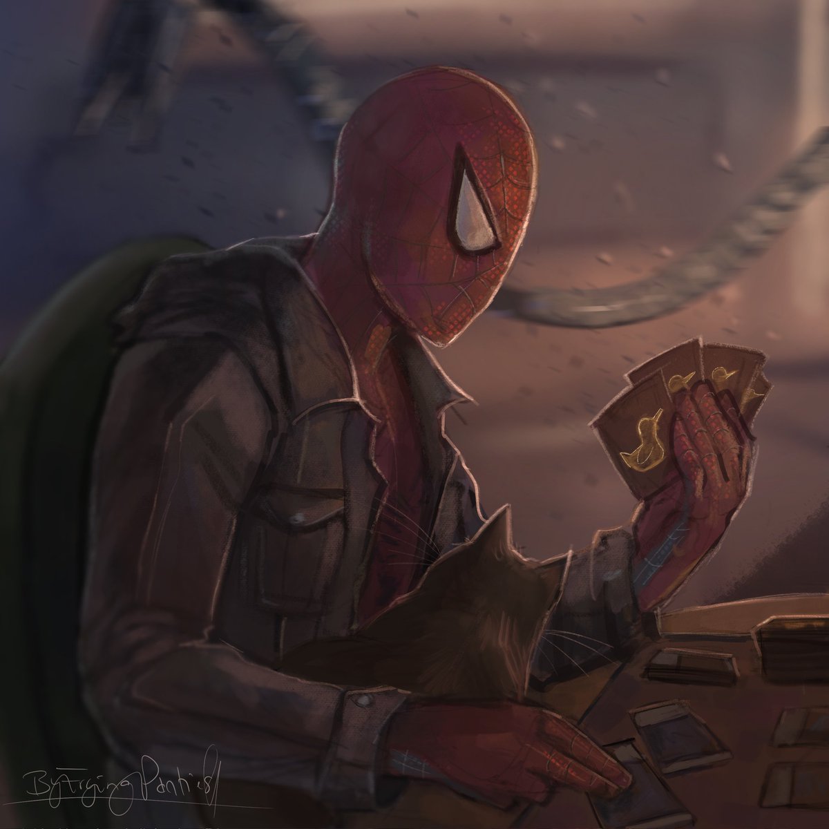 My partner has this jacket that oozes with a certain Amazing Spider-Man energy. So when he's working on his master thesis, I gotta draw him as Spider-Man playing MTG, right? 🤠 #TASM #amazingspiderman #spiderman #peterparker #mtg #magicthegathering #marvel #art #artist