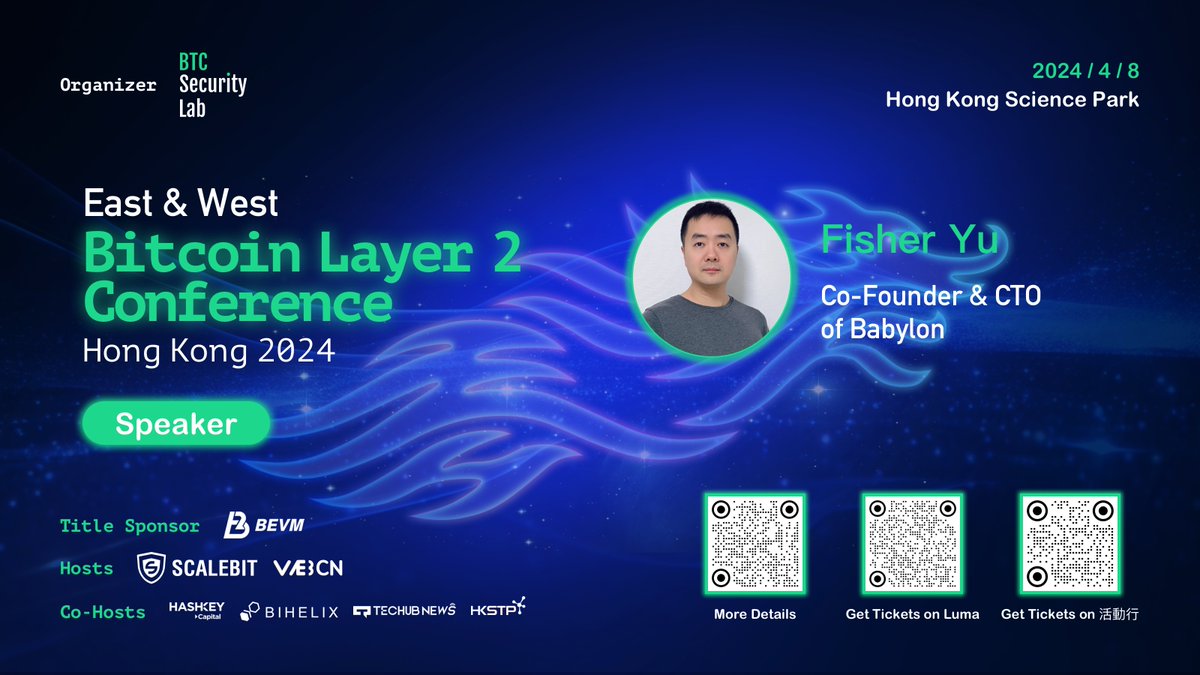 🗣️Get prepared to join Fisher Yu at the #BitcoinLayer2Conference just around the corner!

👏Thrilled to welcome @baby_fisherman, Co-Founder & CTO of @babylon_chain, who has confirmed to be one of our featured speakers. Together with attendees, he'll delve into innovative