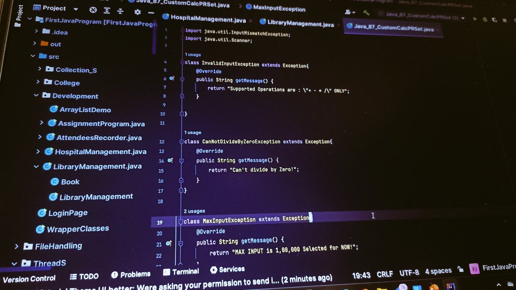 🙂 There's always more to learn in the world of Java! Brushing up on my Java! ☕  Revisiting key concepts like Threads,Exceptions, Collections, etc. 

#Java #javaDev #JavaAdvanced #SoftwareDevelopment #CoreJava #ProgrammerLife