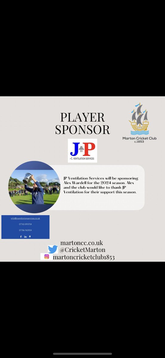 🚨Sponsorship🚨 Next up is 1st XI all rounder @AlexWardell. Alex is kindly sponsored by JP Ventilation Services 🏏#UTM