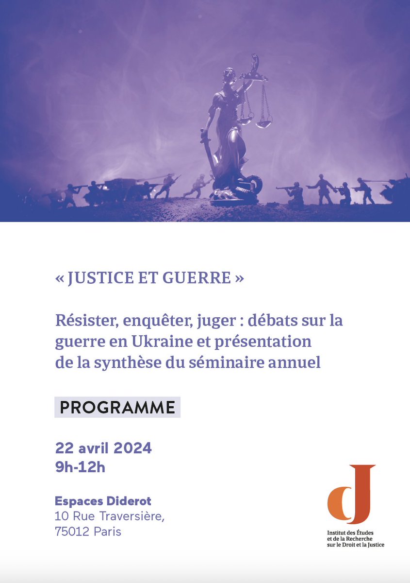 🗓️Rejoignez-nous le 22 avril pour assister à la synthèse du séminaire Justice & Guerre. Au programme : débats et analyses sur la résistance, enquête et jugement des crimes de guerre en Ukraine avec la participation d’intervenants éclairés et spécialistes des sujets liés aux…