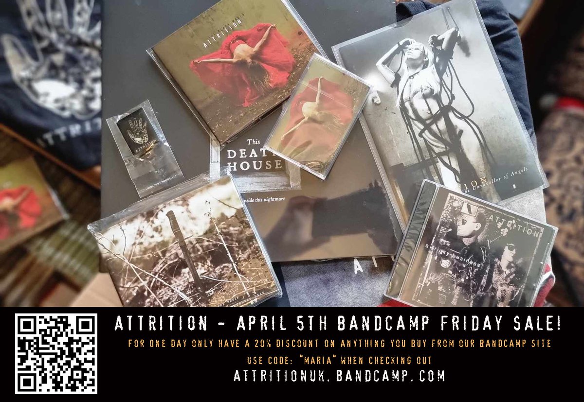 April 5th is Bandcamp friday and we are giving a 20% discount on anything in the ATTRITION Bandcamp store. Use code: 'maria' when checking out! attritionuk.bandcamp.com #bandcampfriday #darkwave #industrialmusic #goth #attritionband