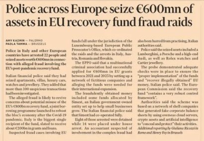 The EU recover money stolen from their covid recovery fund. Arrests made, €600m seized. In the UK, £billions stolen. Some by organised crime, but most of it through a VIP lane organised by the Conservatives. It was written off by @RishiSunak THAT'S the sovereignty they wanted