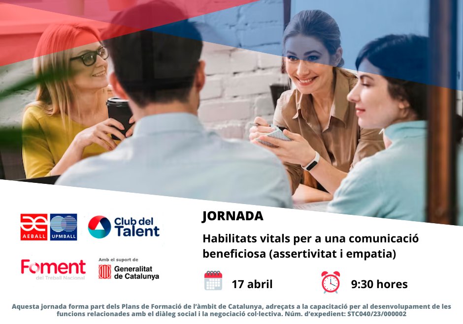 👉 Jornada: Habilitats vitals per a una comunicació beneficiosa (assertivitat i empatia) 📆17 abril ⏰ 9:30 - 12:30 hores 📍 Online: Zoom 📲 aeball.com/jor_inf.asp?di… #AeballEmpresesCreantValor