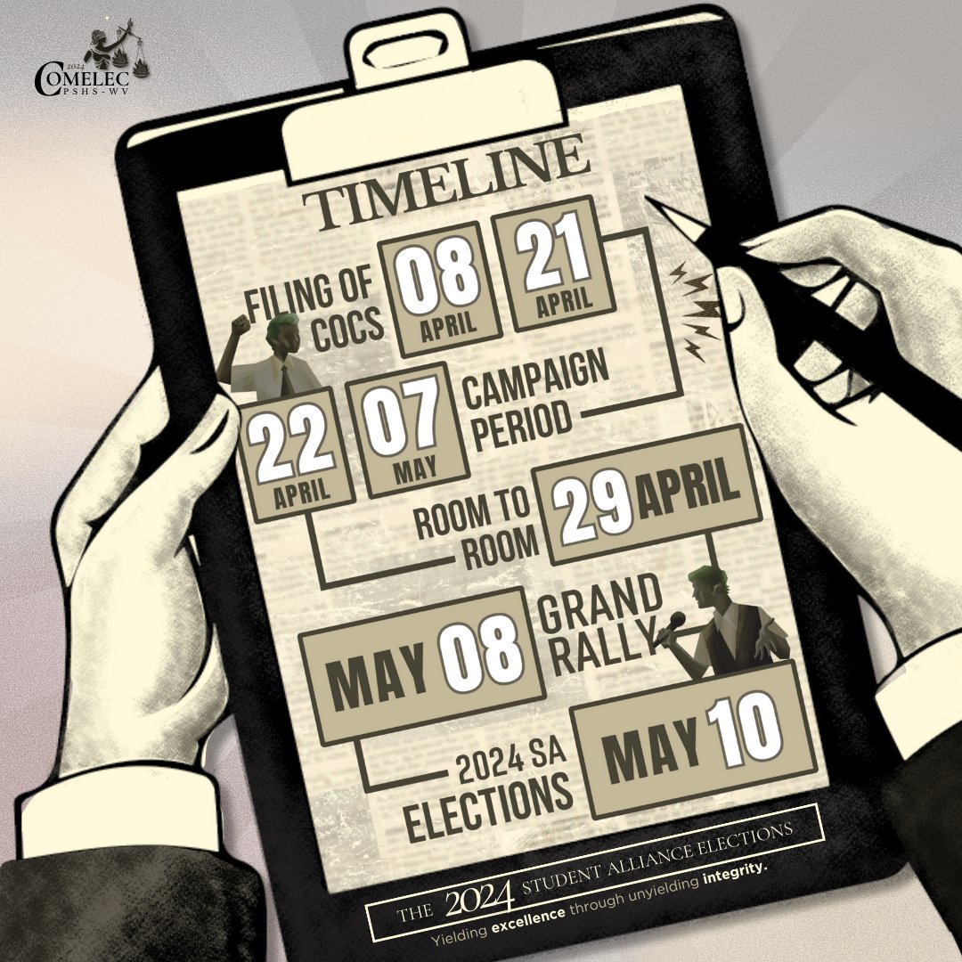 PSHSWVCComElec's tweet image. Please be guided by the official timeline of events for The Student Alliance Elections 2024.

#SA2024Elections