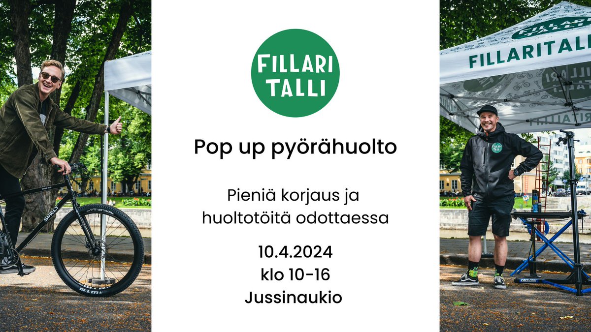 Kevyt keväthuolto tai renkaidenvaihto? Onnistuu vaikka työpäivän lomassa keskiviikkona 10.4. klo 10 - 16, kun Fillaritallin pop up -huolto tulee Tiedepuiston Jussinaukiolle.

#työmatkapyöräily #pyörähuolto #turuntiedepuisto #jussinaukio

Lisätiedot: teknologiakiinteistot.fi/ajankohtaista/…