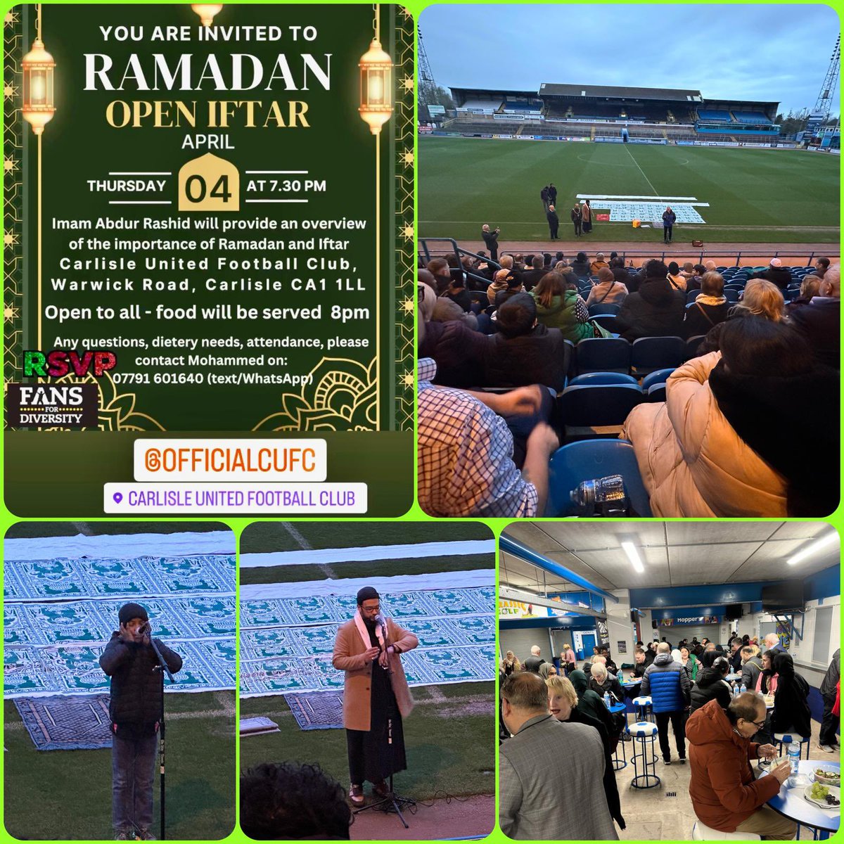 An amazing evening at @officialcufc for Iftar. A great experience for the community of Carlisle. We had an overwhelming response. Thank you everyone who joined us for the Iftar. Thank you @NClibbens and @NBD69 for hosting a great community event and @Fans4Diversity for their