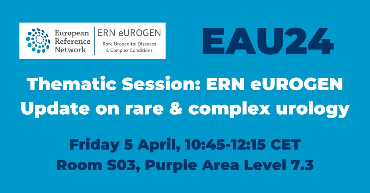 🇫🇷 Are you at #EAU24 in Paris? Get your congress off to a great start by coming to the ERN eUROGEN Thematic Session: 'Update on rare & complex urology' 📍Friday 5 April, 10:45-12:15 CET in Room S03, Purple Area Level 7.3 #RareDisease #UroSoMe #PedUro #SoMe4PedSurg #FPMRS #UroOnc