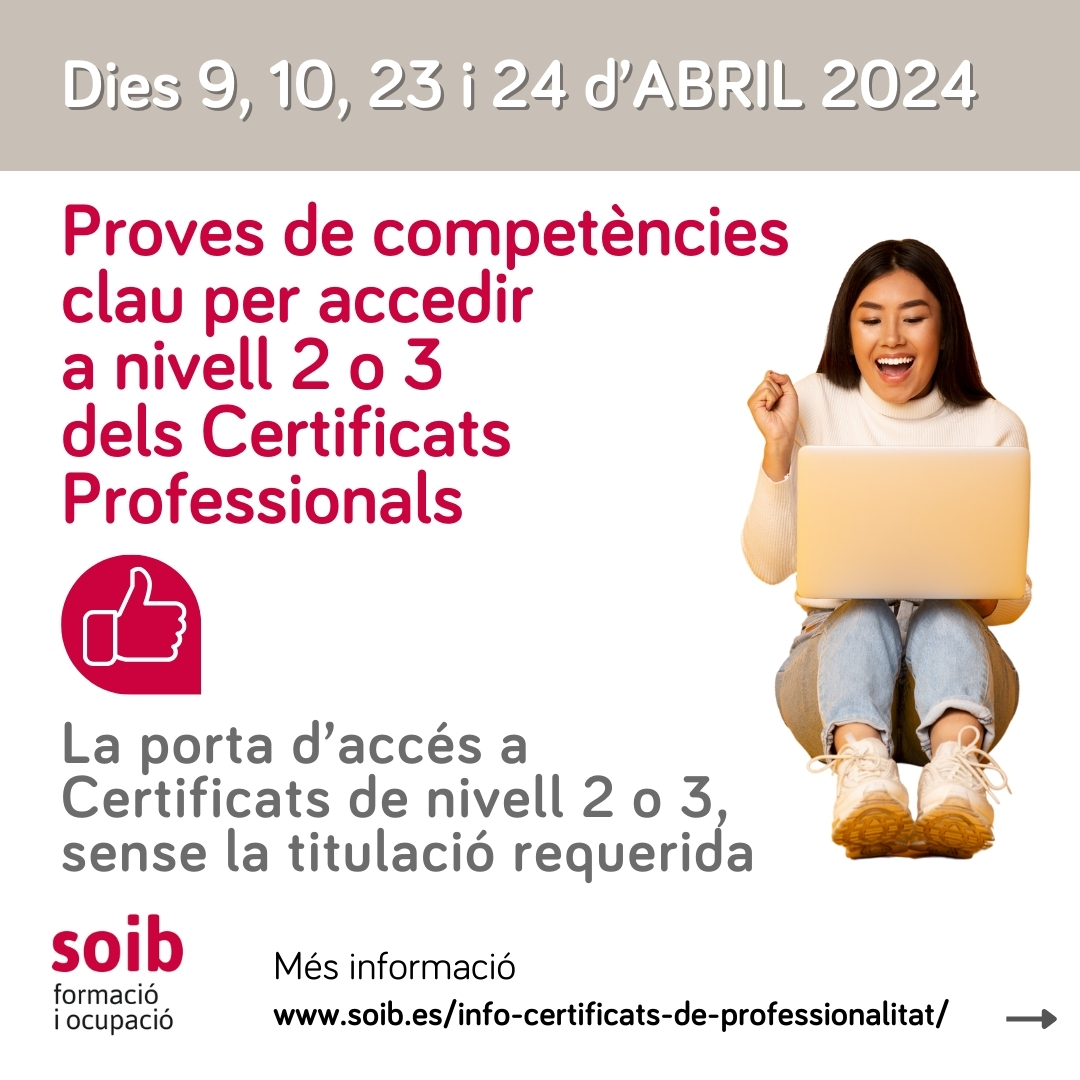 SOIBgoib's tweet photo. 📣Vols accedir a un certificat professional de nivell 2 o de nivell 3 però no tens els requisits d’accés ⁉️
🚨Propers examens: dimarts 9 i dimecres 10 d'abril 2024
ℹ️ Informació, com i on inscriure't, a https://t.co/iPcwTUMml3
#FormacioSOIB #Certificatsdeprofessionalitat
➕👇 https://t.co/sYtJCrkNRi