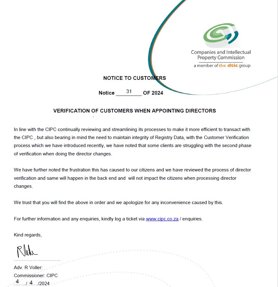 theCIPC's tweet photo. Dear Customer
We have reviewed the process of director verification and same will happen in the back end and will not impact the citizens when processing director changes.
We trust that you will find the above in order and we apologise for any inconvenience caused by this. #CIPC https://t.co/bYVSqeMnbj