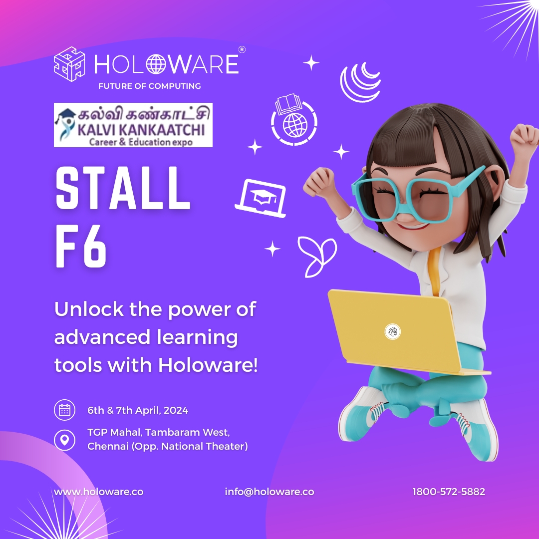 Holoware_Tech's tweet photo. Join us at Kalvi Kankaatchi 2024 and see how @Holoware_Tech is transforming learning experiences for #Students and #Educators. Be there at our stall #F6 and take the first step towards an enlightened future!

#HolowareAtKalviKankaatchi #InnovateLearning #MadeInIndia #Computers https://t.co/n3iGcWiJWm