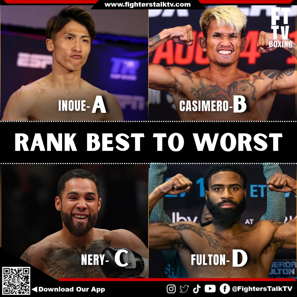 FTTVBoxing's tweet photo. Rank BEST to WORST π
#naoyainoue #johnrielcasimero #luisnery #StephFuton
#boxing #bantamweight #sports #ranking #boxingfans https://t.co/rySkGrORkU