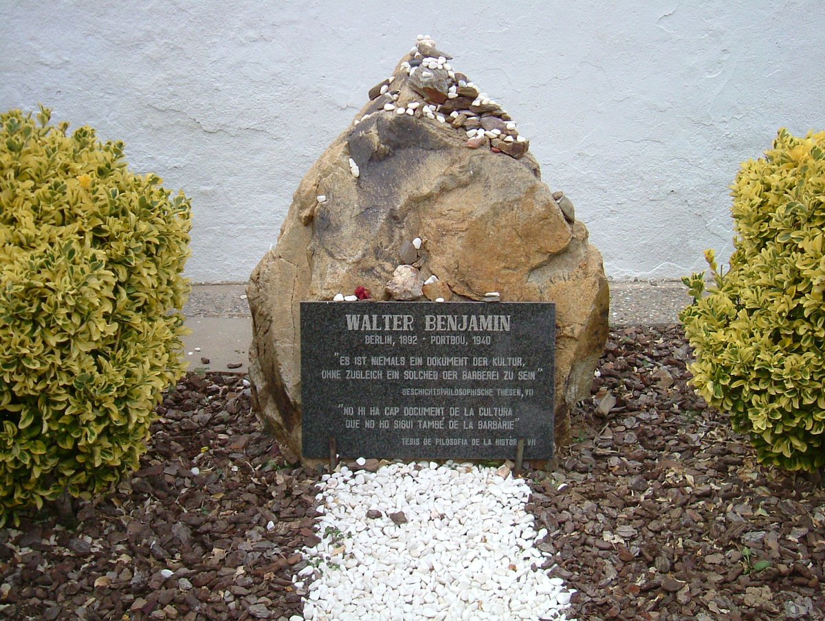 Grave of German Jewish thinker Walter Benjamin, died in Portbou Catalonia 1940, escaping Nazis, inscribed with his words in Ger+Cat 'There is no document of civilization which is not at the same time a document of barbarism' Have you been+seen remarkable memorial by Dani Karavan?