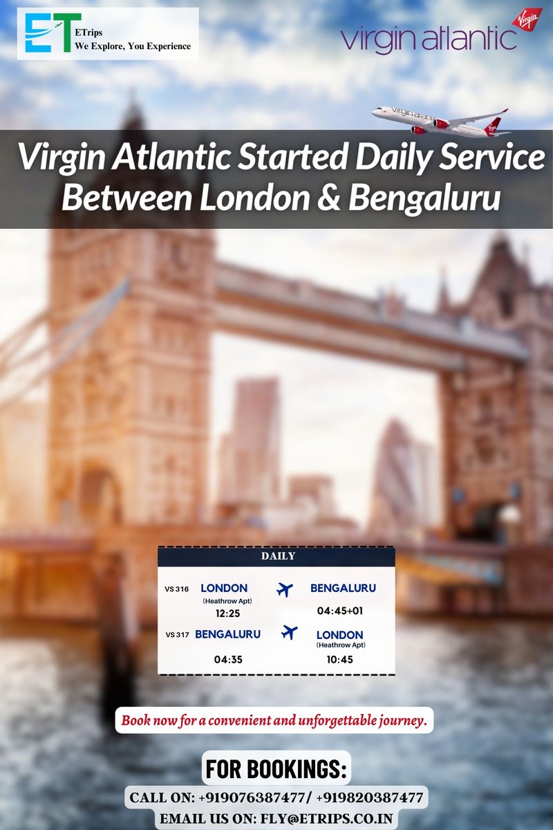 Virgin Atlantic Started Daily Service Between London & Bengaluru
@VirginAtlantic #VirginAtlantic #LondonToBengaluru #DailyService #TravelConvenience #Etrips #Flightbooking #Hotelbooking #Tourpackage #Booknow #SeamlessJourney #FlyVirginAtlantic #TravelUK #ExploreBengaluru