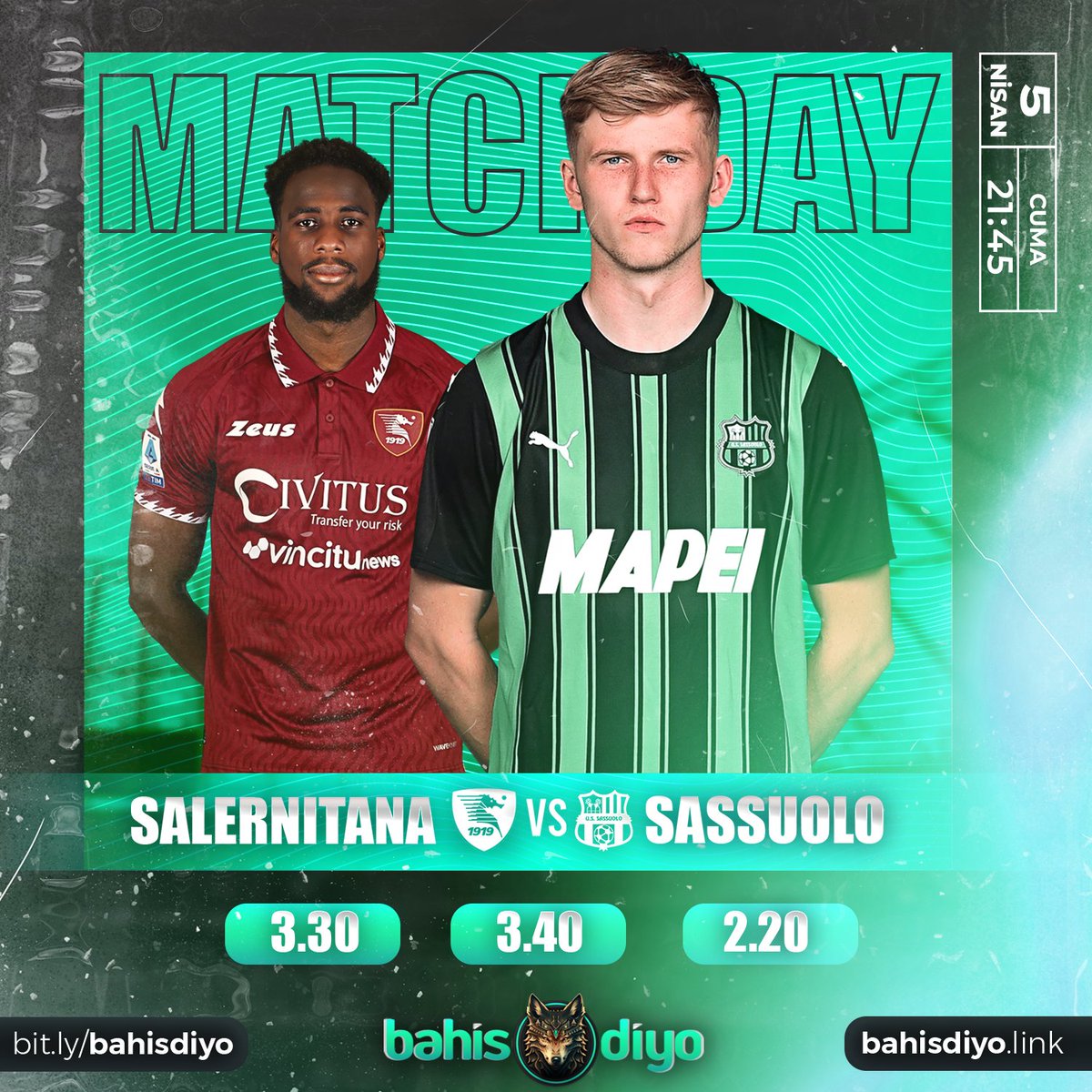 BahisDiyo's tweet photo. ♻️ Seria A heyecanı kaldığı yerden devam ediyor!

✅ Günün Maçı: Salernitana🆚 Sassuolo

⛳️ Güncel Giriş: https://t.co/OmGL5OmLg1

#bahisdiyo #bahisdiyogiriş #bahisdiyogüncel https://t.co/bGxXwQKhlk