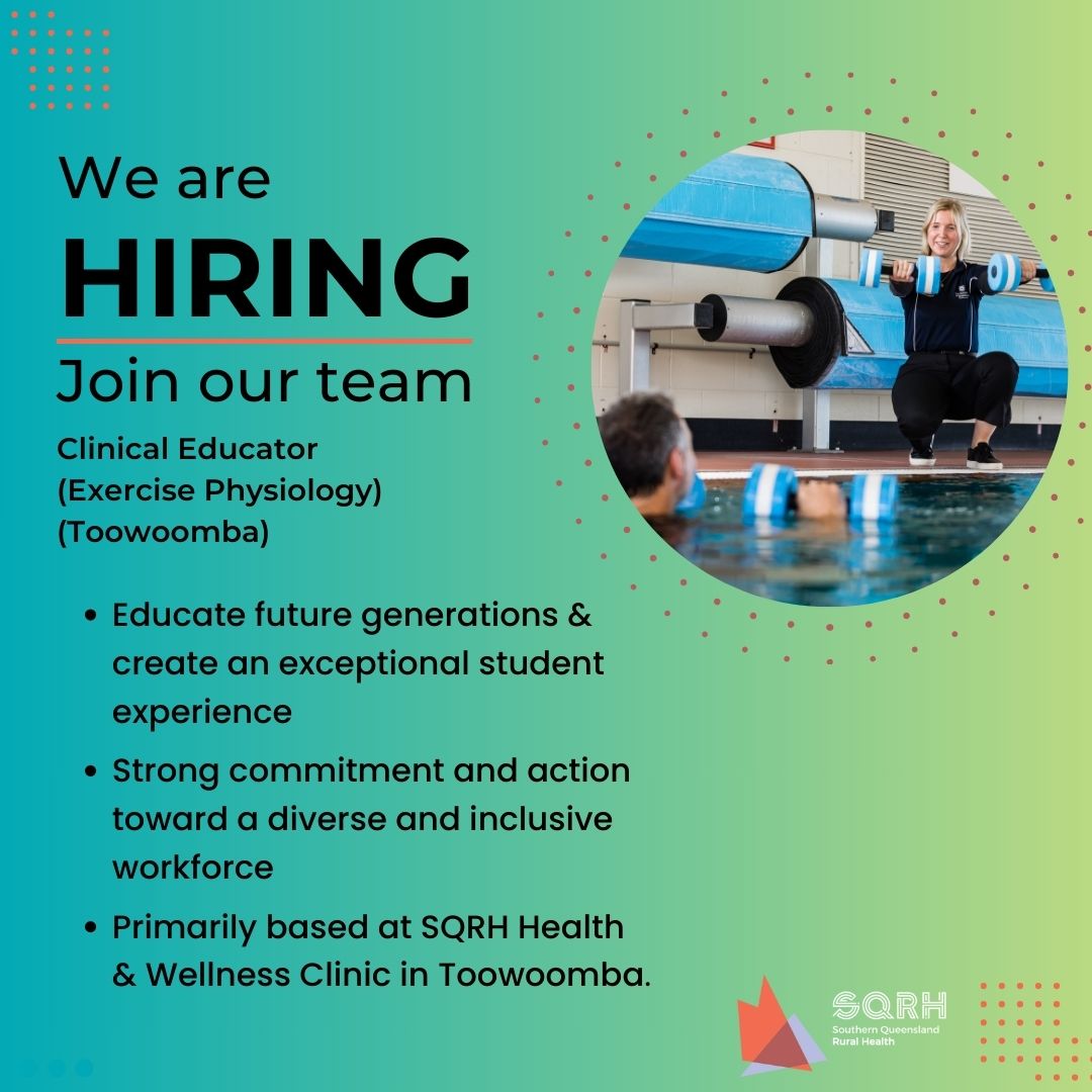 We are hiring | Clinical Educator - Exercise Physiology (Toowoomba). Join the team at SQRH! Find out more here: shorturl.at/cmtBU  #AlliedHealthEducators #SQRHOpportunity #ToowoombaJobs #RegionalHealthcare #HealthcareEducation