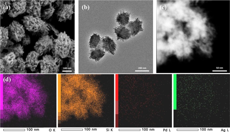 #SEM (a), #TEM (b), #HAADF-STEM image (c), and #EDX elemental mappings (d) of Pd7Ag3/SPP.