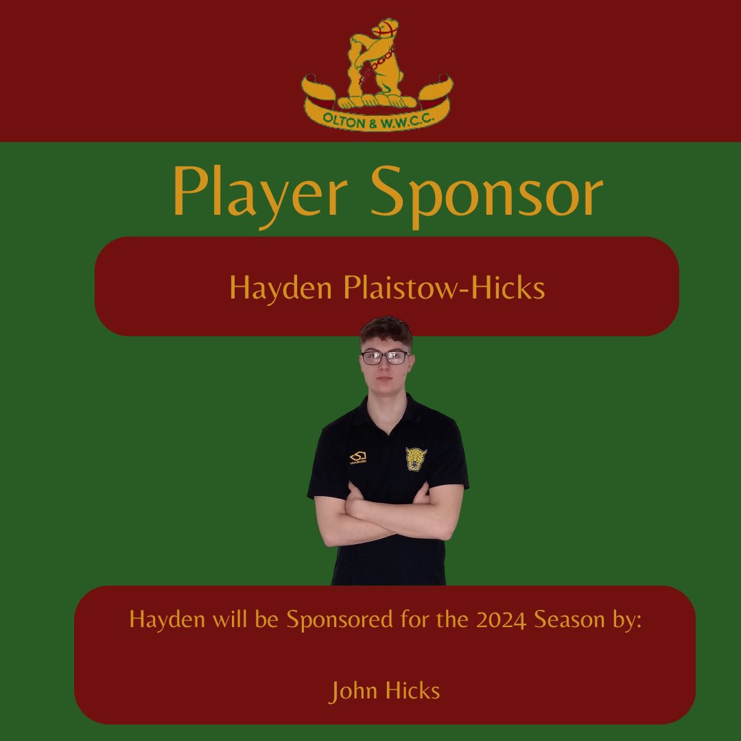Player Sponsorship Announcement 📣 

Young seamer Hayden Plaistow-Hicks will be sponsored for the 2024 Season by John Hicks 

#owwcc #playersponsor #cricket #warwickshirecricket