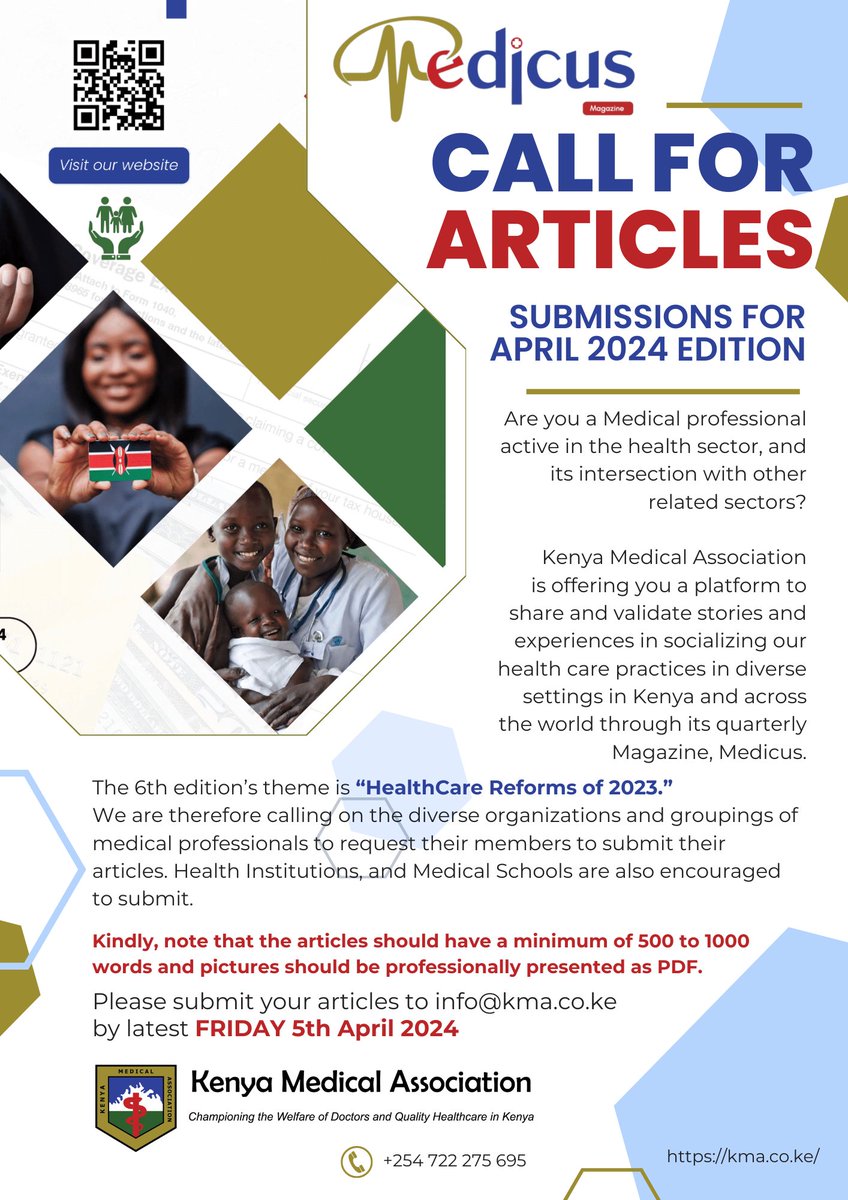 Time to upload that article and click send to info@kma.co.ke deadline for article submission for KMA MEDICUS 6th submission is today at 5️⃣ PM A great opportunity to contribute to the conversation and share your insights with peers in the medical community. Don't miss out !