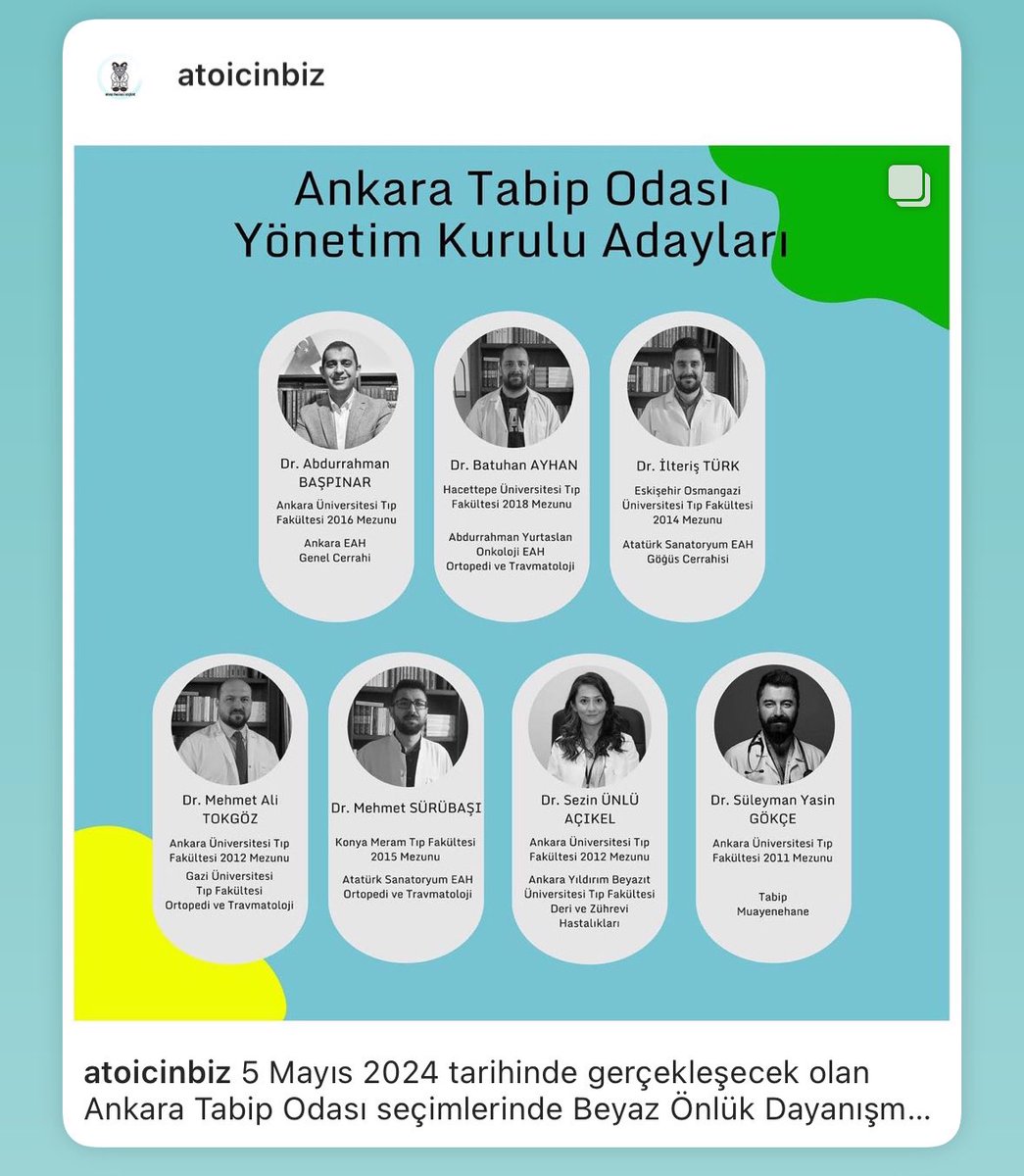 Ankara'da bulunan, tabip odasına üye olan tüm hekim arkadaşlarımı @atoicinbiz adaylarını desteklemeye davet ediyorum. 🥼Oy ver, değişime omuz ver 🇹🇷