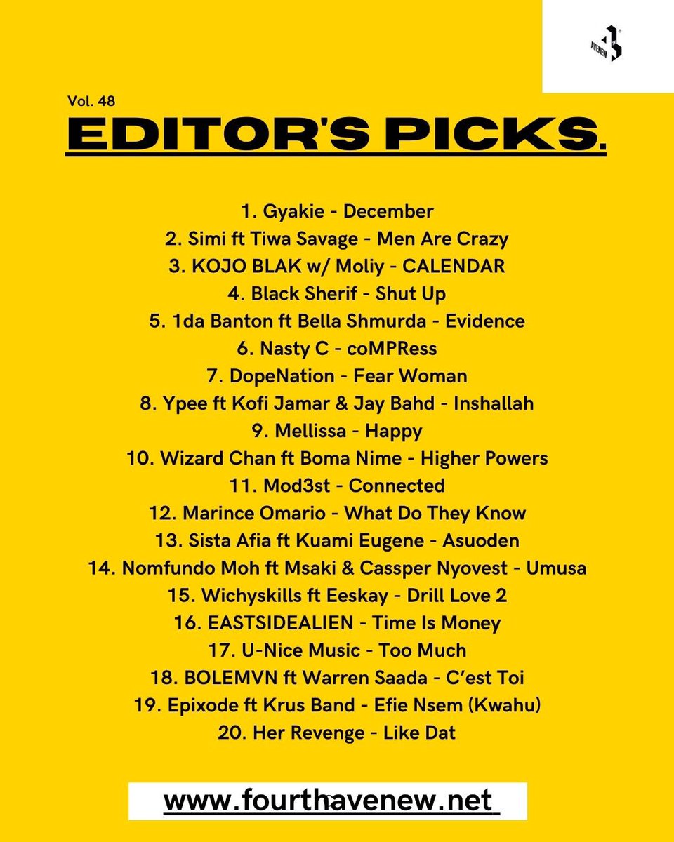 #EditorsPicks Vol. 48
Cover Artiste: @Gyakie_

🎧 Listen to sounds from:
@SympLySimi
@KOJOBLAK_
@blacksherif_
@1dabanton
@Nasty_CSA
@GhDopeNation
@ypeegh
@_WizardChan_ and many others! 🔥

🔗: Visit fourthavenew.net for more!