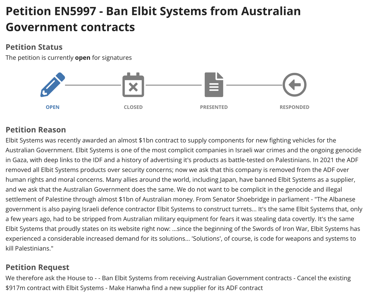 Please sign and share this important petition to Ban Elbit Systems (used in Israeli war crimes) from Australian Government contracts. Make sure after signing, you action the e-mail they send you to verify your e-mail address. aph.gov.au/e-petitions/pe…