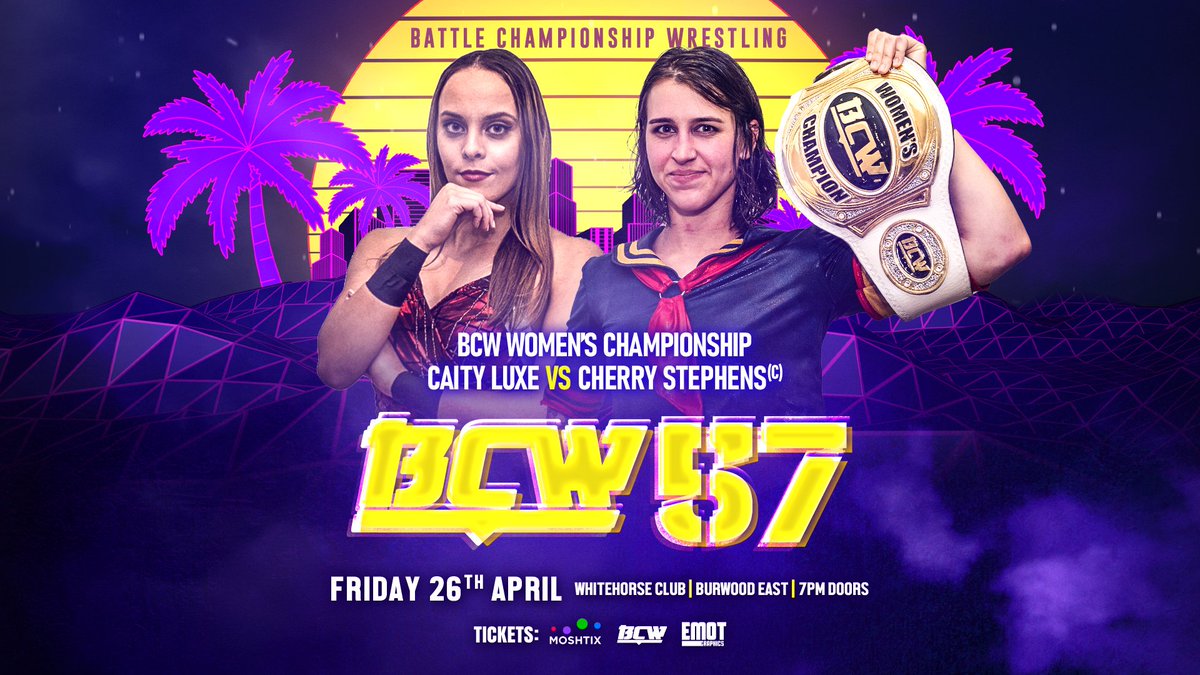 ***BCW 57 MATCH ANNOUNCEMENT*** Our next match announcement for BATTLE CHAMPIONSHIP WRESTLING 57 is a rematch between the newly crowned BCW WOMEN’S CHAMPION CHERRY STEPHENS and the now one-time champ THE QUEEN OF THE STREETS CAITY LUXE! Book here: moshtix.com.au/.../battle-cha…