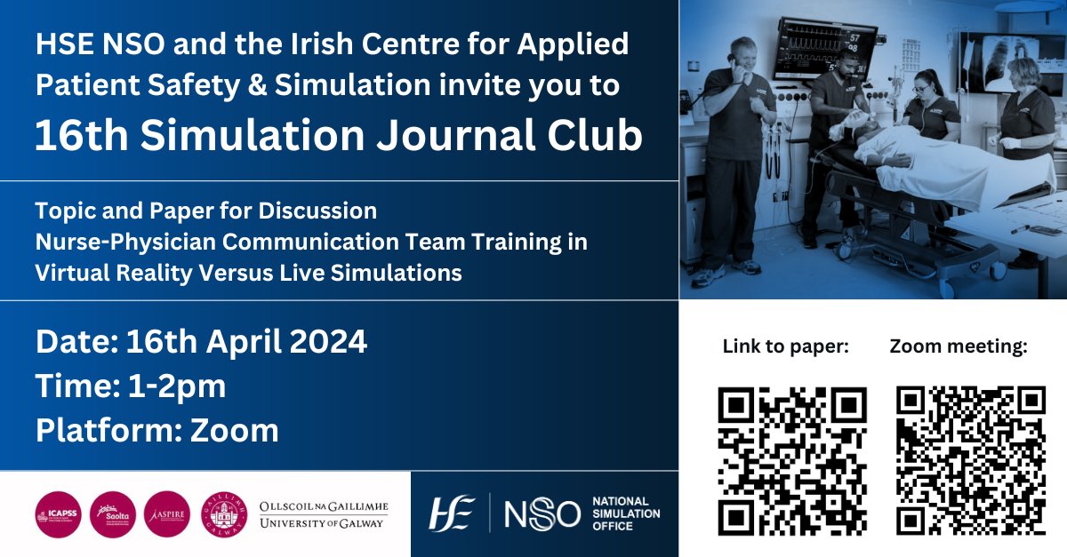 📣 April #Simulation Journal Club 
Join us to discuss 'Nurse-Physician Communication Team Training in Virtual Reality Versus Live Simulations'  
Join our mailing list: shorturl.at/for13