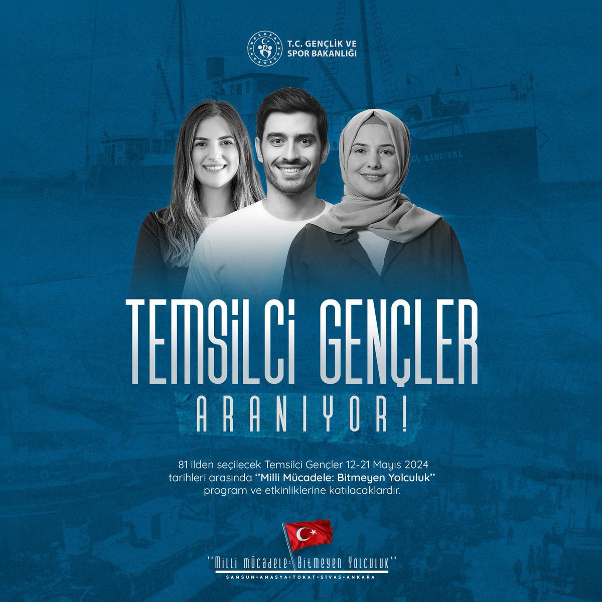 Temsilci Genç olmak ister misin? '19 Mayıs Gençlik ve Spor Bayramı'nın 105. yılında” , sen de bu büyük ailenin bir parçası ol. 2024 temsilci genci olarak ilini temsil et.😎 Başvurular 👉🏻ghgm.gsb.gov.tr adresinde. Son başvuru tarihi:15 Nisan