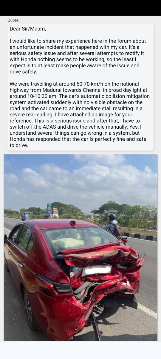 Someone shared his experience on teambhp about sudden emergency braking by Honda City ADAS without any obstacle in front,which resulted in severe rear ending.

Is it camera based ADAS? How's the reliability of the camera under poor visibility?
#RoadSafety
@RSGuy_India