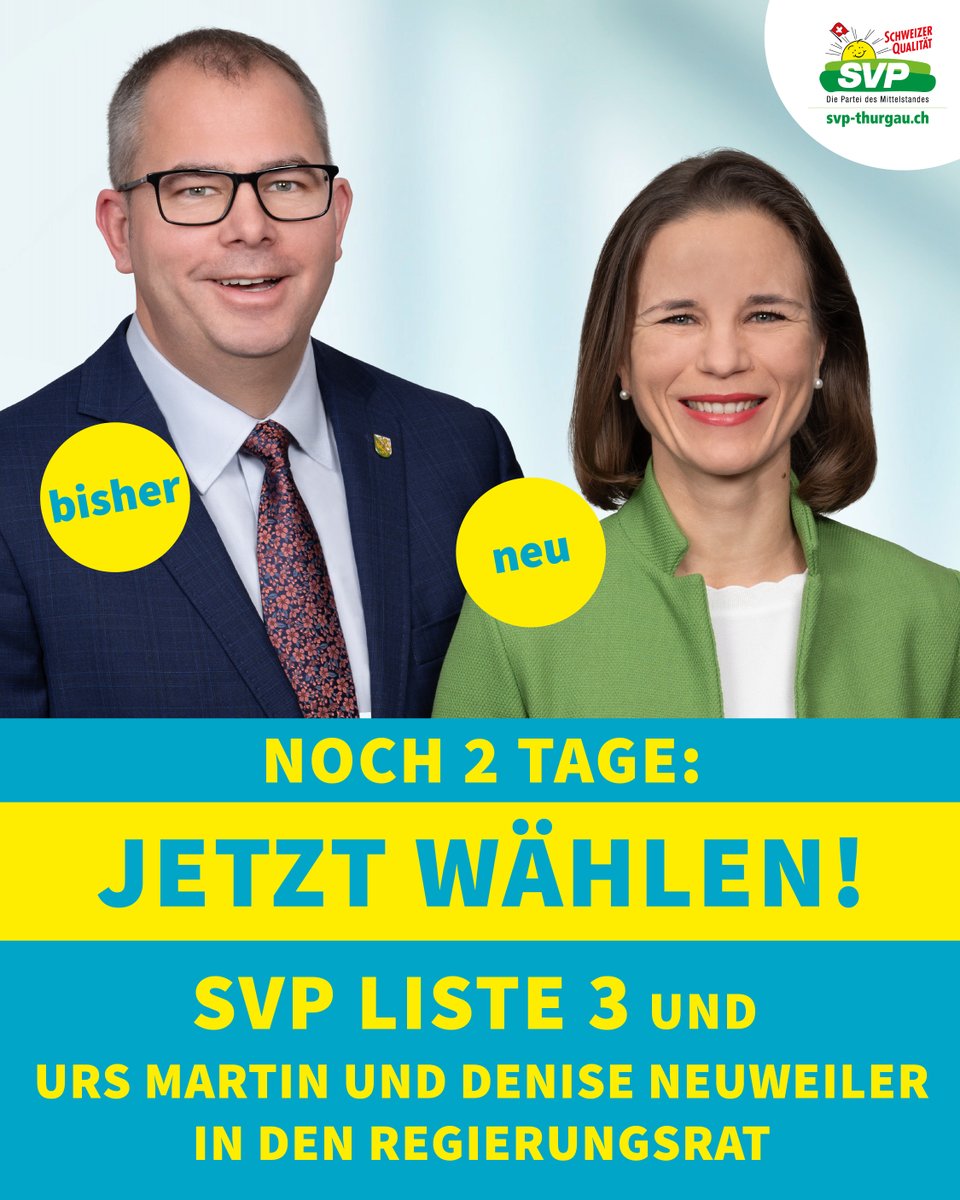 Noch 2 Tage bis zur Entscheidung! Jetzt SVP Liste 3 wählen und Urs Martin und Denise Neuweiler in den Regierungsrat! 🇨🇭🗳️

Jede Stimme zählt! 💪