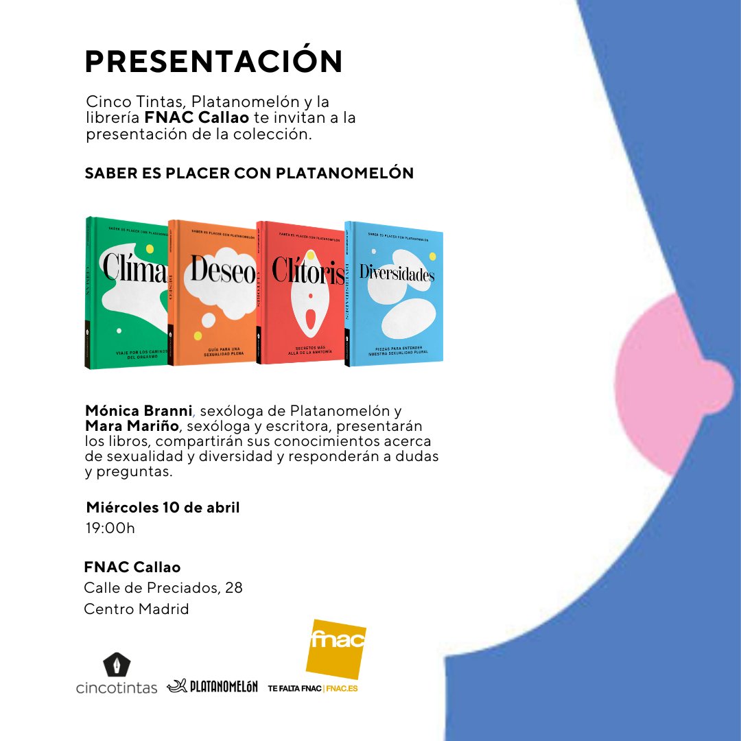 Cinco Tintas (@cincotintas) on Twitter photo Presentación de la colección SABER ES PLACER con <a href="/platanomelon/">Platanomelón</a>
✅️ SAVE THE DATE
👉Miércoles 10 de abril a las 19h en FNAC CALLAO, Madrid (Calle de Preciados, 28) <a href="/Fnac_ESP/">Fnac España</a>
👉Martes 16 de abril a las 19h en la librería BYRON, Barcelona (Calle Casanovas, 32) <a href="/byronllibreria/">Llibreria Byron</a> Presentación de la colección SABER ES PLACER con <a href="/platanomelon/">Platanomelón</a>
✅️ SAVE THE DATE
👉Miércoles 10 de abril a las 19h en FNAC CALLAO, Madrid (Calle de Preciados, 28) <a href="/Fnac_ESP/">Fnac España</a>
👉Martes 16 de abril a las 19h en la librería BYRON, Barcelona (Calle Casanovas, 32) <a href="/byronllibreria/">Llibreria Byron</a>