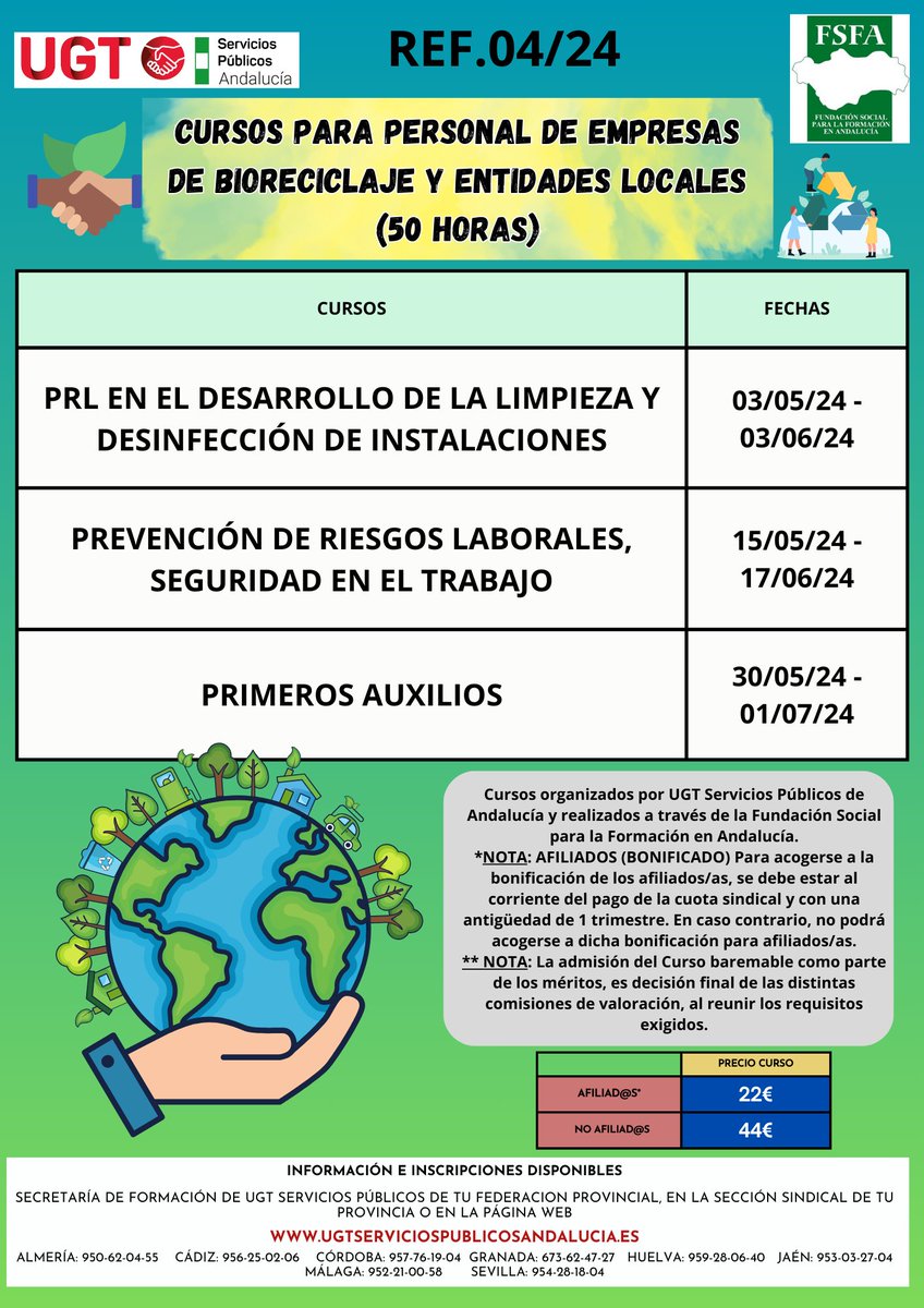 CURSOS PARA PERSONAL DE EMPRESAS DE BIORECICLAJE Y ENTIDADES LOCALES 2024.
Nueva oferta de #cursos #bioreciclaje #entidadeslocales #Esenciales #UGT #formación #FSFA #cursosonline #ofertaempleo
Toda la información en la web: fsfaformacion.es/subcategoria/3…