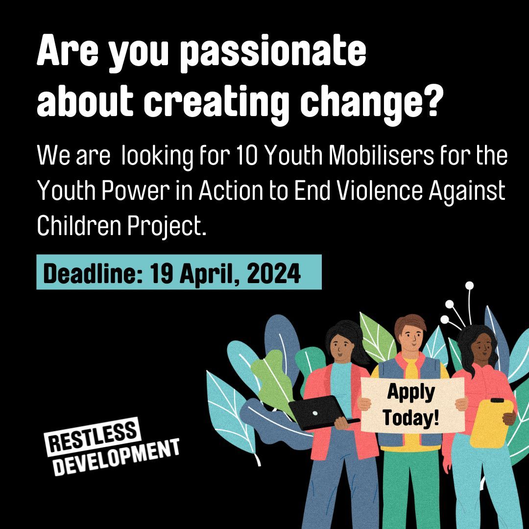 Passionate about ending violence against children? Join us as a Youth Mobiliser with @RestlessDev's #YouthPowerInAction program! Engage in advocacy, represent youth at global forums & receive a stipend. Apply by April 19th: shorturl.at/aeJPV #YouthLeadership #EndViolence