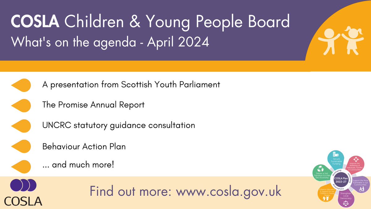 COSLA's Children and Young People Policy Board will meet later this morning, with Spokesperson Councillor Tony Buchanan (@antbuc1) Chairing. A number of important and topical items on the agenda, which can be read here: bit.ly/3TE1IYM