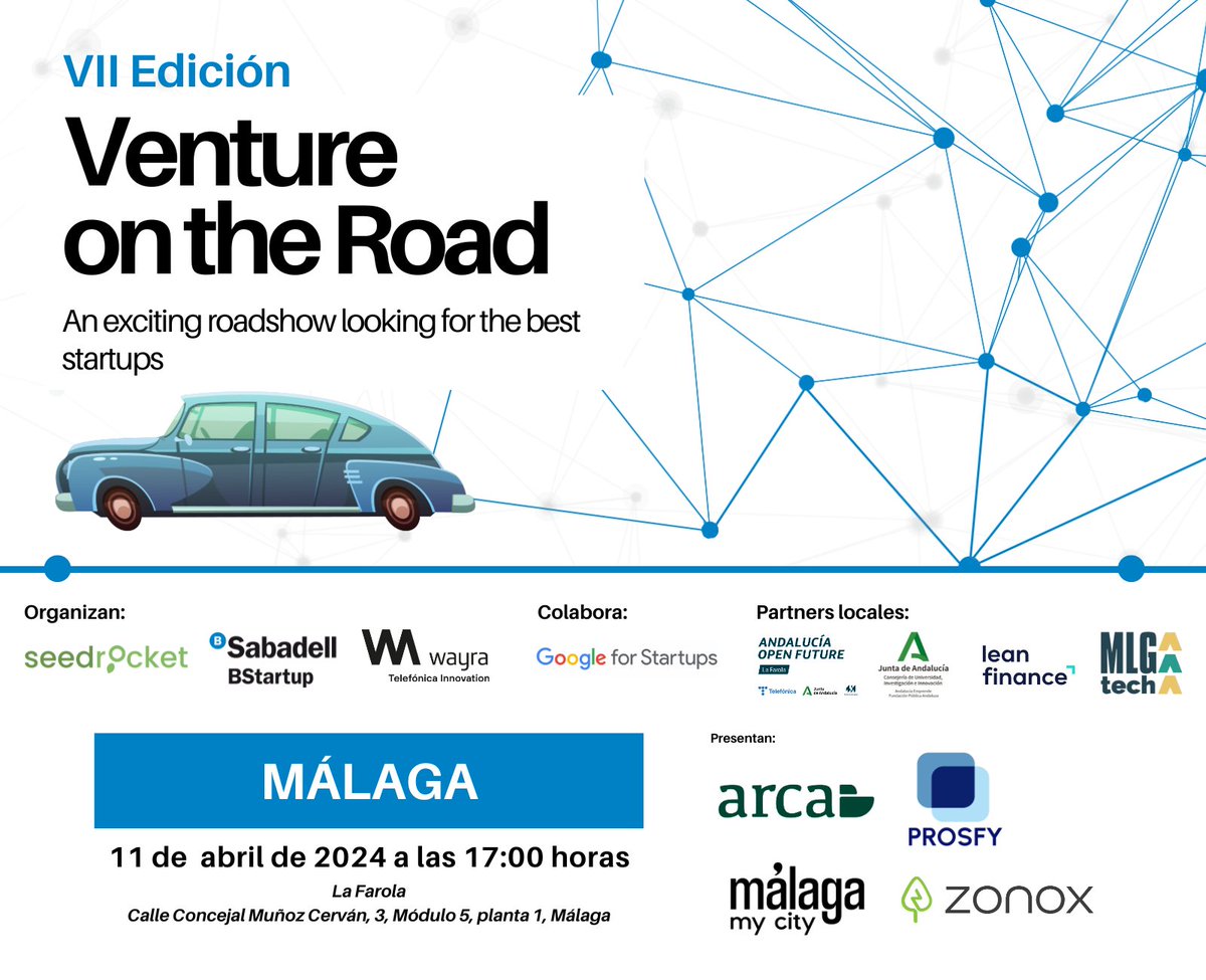 ¡Ya tenemos a los 4 finalistas de #VentureOnTheRoad 📍Málaga! 🎉

🚀 #Arca
🚀 #AMALia, de <a href="/malagamycity/">malagamycity</a>  
🚀 <a href="/prosfy001/">Prosfy</a> 
🚀 @zonox_es

¡Si no quieres perderte su presentación, apúntate cuanto antes y acompáñanos! 
👉 seedrocket.com/vii-venture-on…