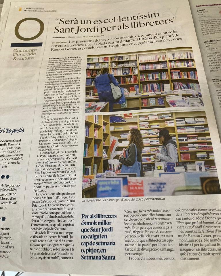 Al <a href="/DiariDeSabadell/">Diari de Sabadell</a>, #ElsLlibretersRecomanen:
<a href="/libreriodlplata/">Librerío De La Plata</a> recomana El refugi del temps, de <a href="/Gospodinov68/">Georgi Gospodinov</a> (tr. <a href="/MarcCasalsIg/">Marc Casals</a>), i la Llibreria Paes recomana Solito, de @jzsalvipoet (tr. de l'original en anglès de <a href="/MartaMarfany/">Marta Marfany</a>):
#ParaulaDeLlibreter
diaridesabadell.com/2024/04/04/san…