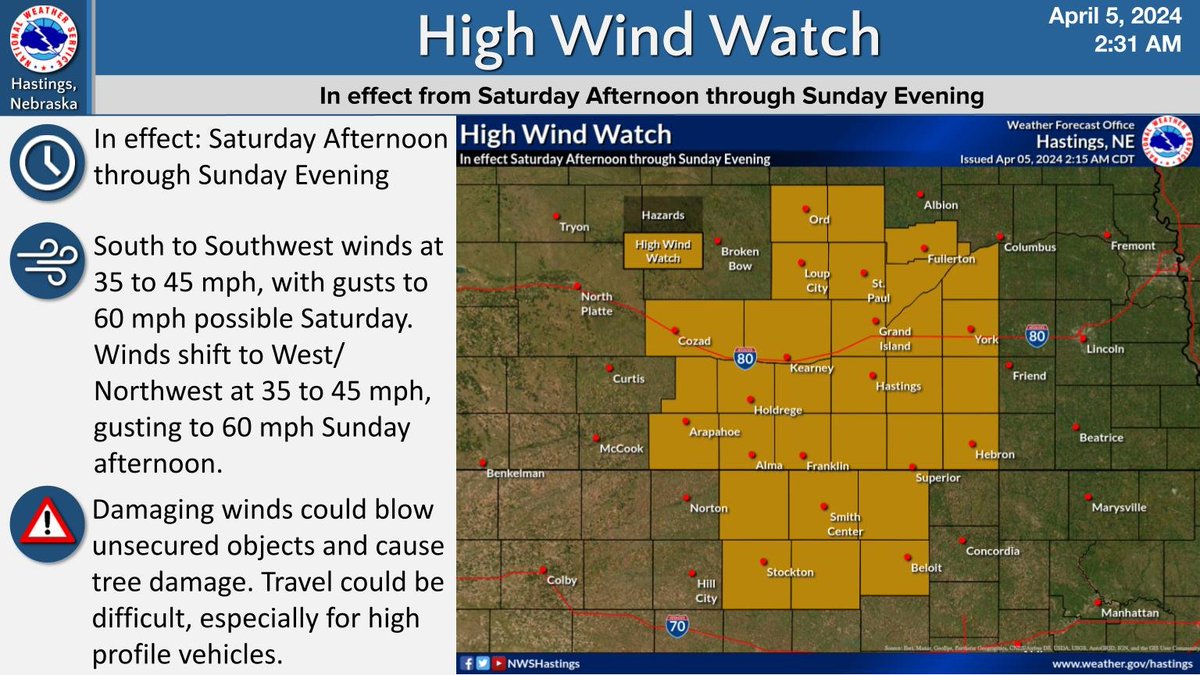 NWSHastings's tweet photo. A High Wind Watch is in effect from Saturday afternoon through Sunday evening for our entire forecast area. Expect South to SW winds at 35 to 45 mph, with 60 mph gusts possible Saturday. Winds shift to the West/NW Sunday afternoon, at 35 to 45 mph, gusting to 60 mph. #NEwx #KSwx https://t.co/xhueBxEnrm