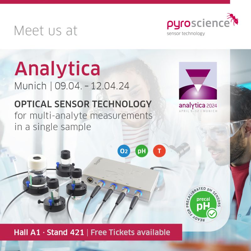 👉Get ready for PyroScience at #Analytica (Munich), 9-12 April! Visit us at our stand A1-421 to discover the latest #labtech sensor innovations (96-well O2 Sensor Microplate Reader & pre-calibrated sterile #pHsensor). Get a free ticket here: lnkd.in/dZq85CJd #biotech