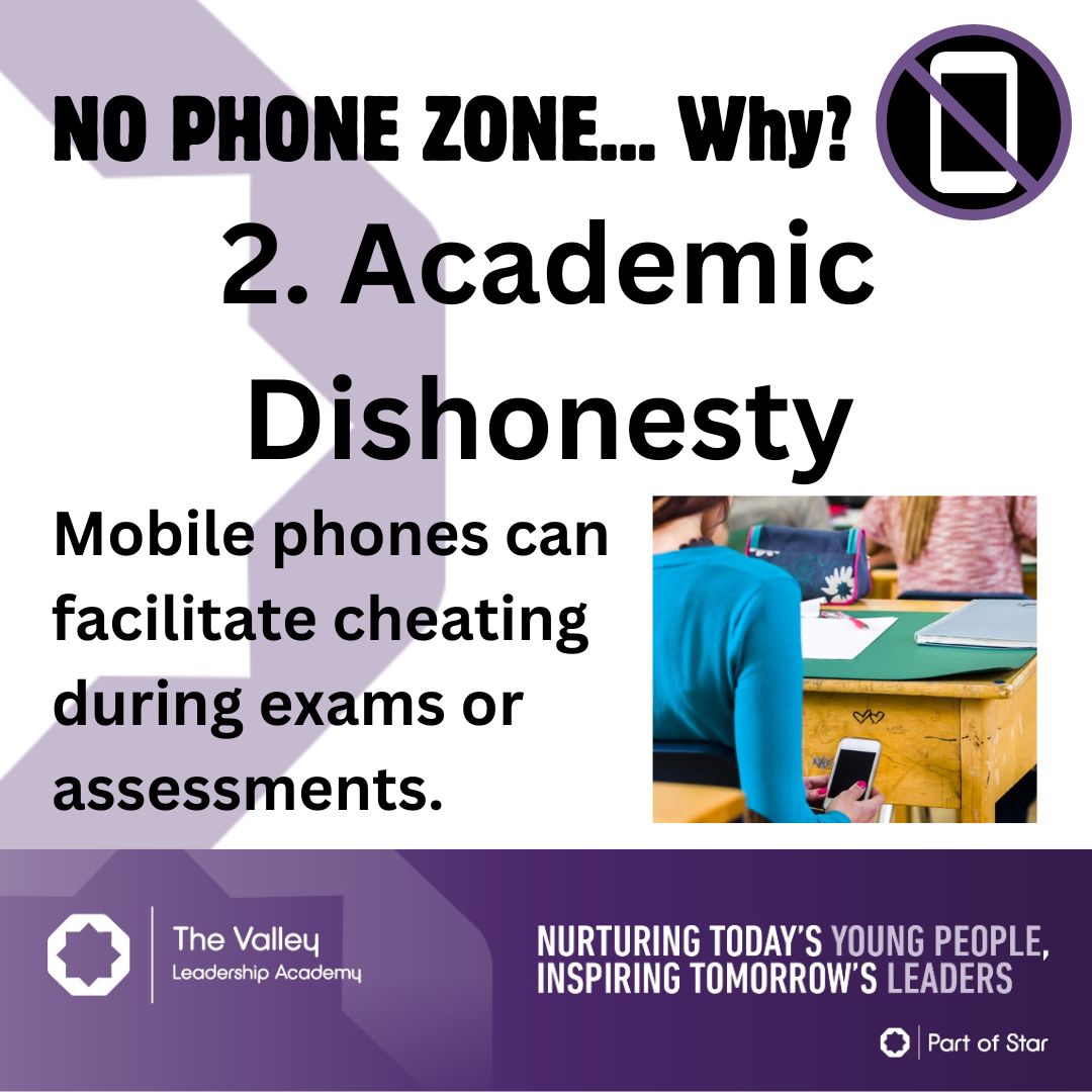 Academic dishonesty: Mobile phones can facilitate cheating during exams or assessments. Students can easily access information or communicate with others to share answers, compromising the integrity of the evaluation process. #WeAreStar #TheValleyWay #NoPhoneZone