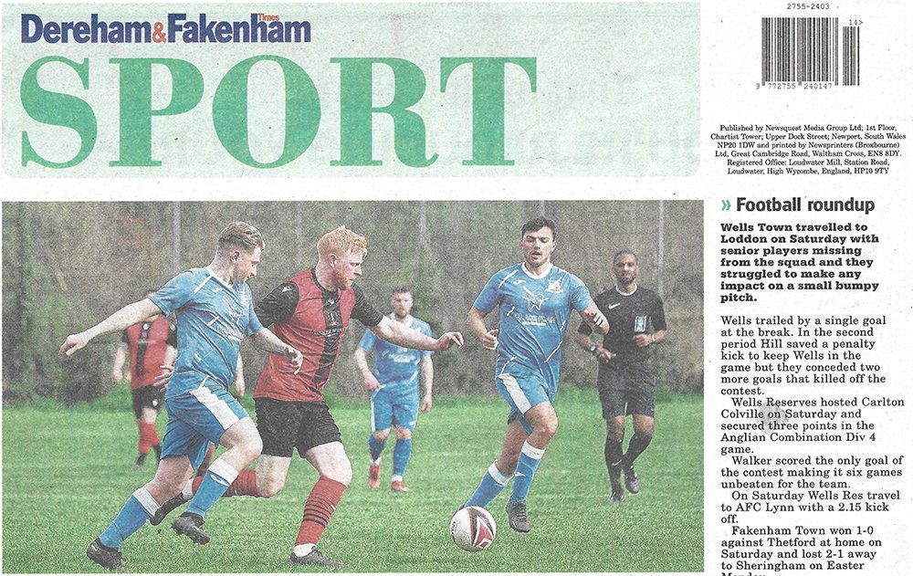 One of my shots from the @WellsTownFC match against @LoddonUnitedFC featured on the back page of the Dereham & Fakenham Times this week. #football #footballphotography #nonleague #nonleagueday