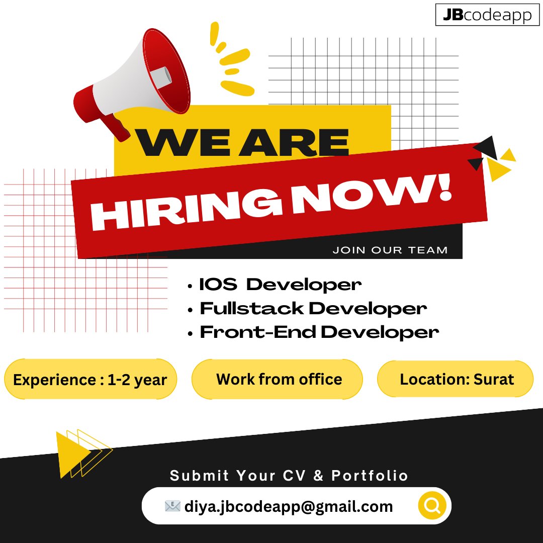#hiring all talented #iOSdevelopers & #fullstackdevelopers 
👨‍💻Experience: 1-2 years
📍Location: Surat
🎯Apply now: diya.jbcodeapp@gmail.com
#JBcodeapp #SuratJobs #TechJobs #JoinOurTeam #CareerOpportunity #JobOpening #DeveloperJobs #reactjs  #SoftwareDevelopment #ReactJS #Hiring