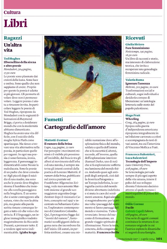 Internazionale, 05.04.2024
Segnalazione del romanzo “Fucile” di Odile Cornuz su Internazionale
#OdileCornuz, #Fucile, #Romanzo, #Traduzione, #CarlottaBernardoniJaquinta,
#gabrielecapellieditore, #GCE
