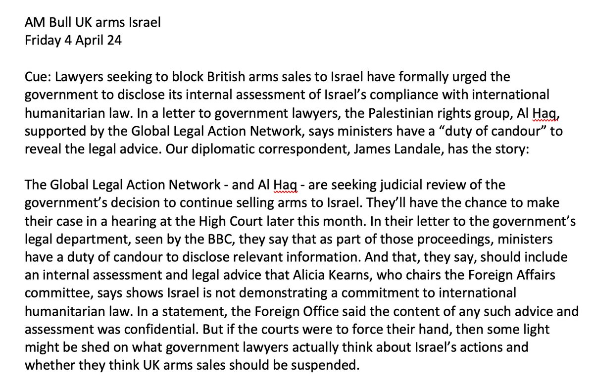 Exc: lawyers for a Palestinian rights group seeking to block British arms sales to Israel have formally written to the UK government, urging it to disclose its internal assessment of Israel’s compliance with international humanitarian law. Here's my @BBCRadio4 script: