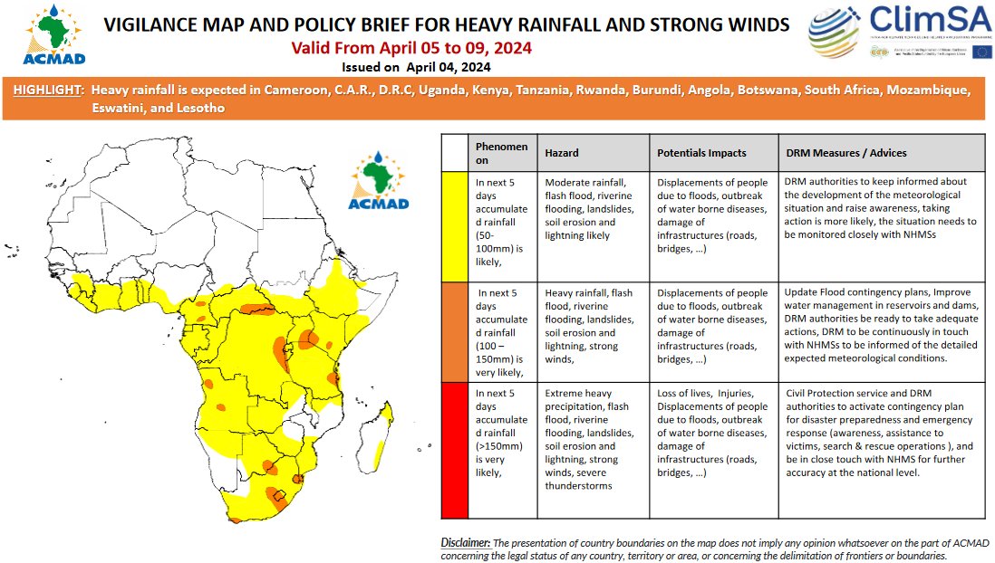 ℹ️5-Days #Heavyrainfall forecast (April 05-09,2024) ⛈️Heavy rain (100-150mm) is expected in #Cameroon, #CAR,#DRC, #Burundi,#Angola, #Uganda,#Rwanda,#Burundi, #Kenya, #Tanzania, #Botswana, #Lesotho, #Eswatini, #SouthAfrica
Details👉bit.ly/46mLXuV
#Africa #climateservices