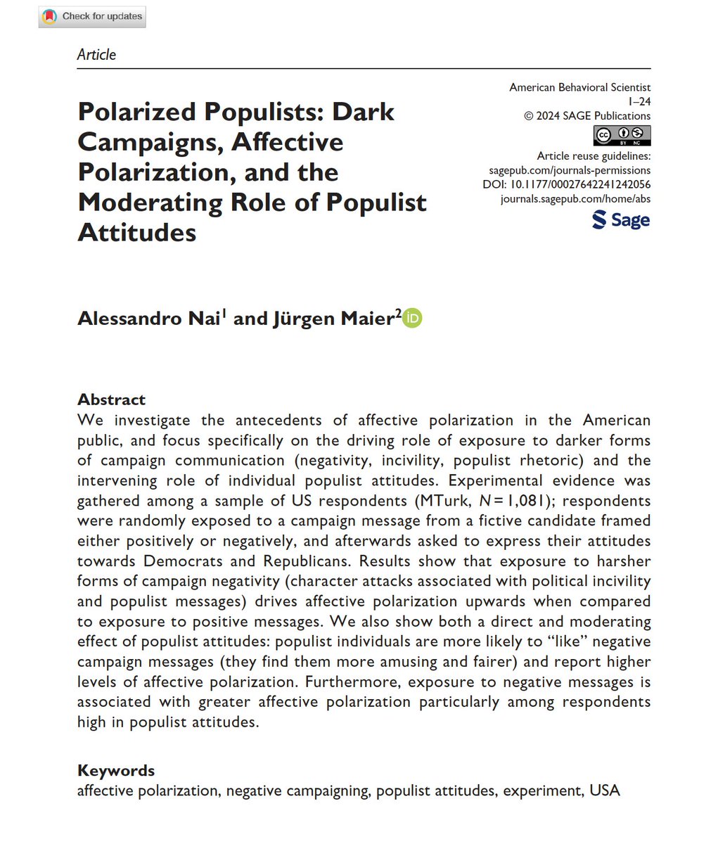 🚨New article out at @ABSjournal with @MaierJuergen TLDR: exposure to negative & uncivil political messages drives affective polarization upwards, especially among voters with populist attitudes Open access: tinyurl.com/bdhhm3nd Replication data: osf.io/pk5tc/