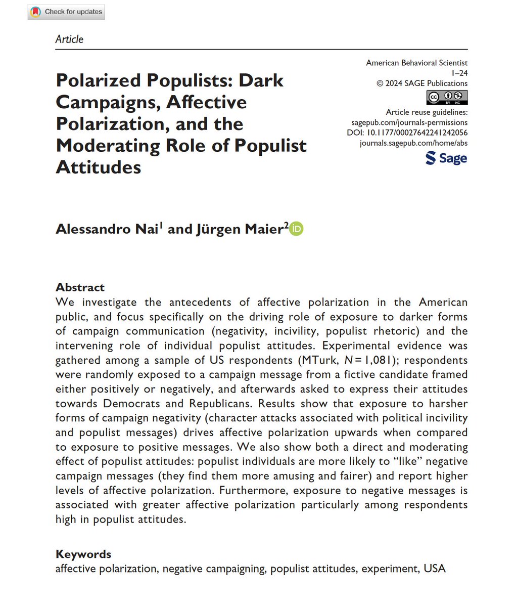 Alessandro Nai (@alessandro_nai) on Twitter photo 🚨New article out at <a href="/ABSjournal/">American Behavioral Scientist</a> with <a href="/MaierJuergen/">Juergen Maier</a> 
TLDR: exposure to negative & uncivil political messages drives affective polarization upwards, especially among voters with populist attitudes
Open access: tinyurl.com/bdhhm3nd
Replication data: osf.io/pk5tc/ 🚨New article out at <a href="/ABSjournal/">American Behavioral Scientist</a> with <a href="/MaierJuergen/">Juergen Maier</a> 
TLDR: exposure to negative & uncivil political messages drives affective polarization upwards, especially among voters with populist attitudes
Open access: tinyurl.com/bdhhm3nd
Replication data: osf.io/pk5tc/